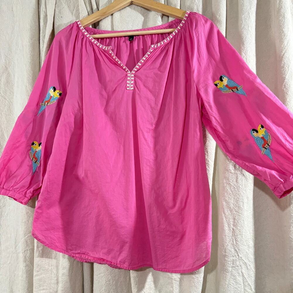 Talbots Hot Pink Cotton Embroidered Parrot Peasant Blouse M‎ Tropical Summer